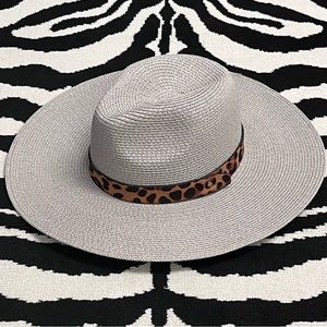 Leopard Trim Grey Straw Wide Brim Fedora Hat